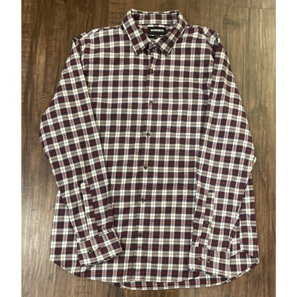 BONOBOS Slim Fit Flannel Button Down Long Sleeve Red/Blue Plaid Men’s Size XL
